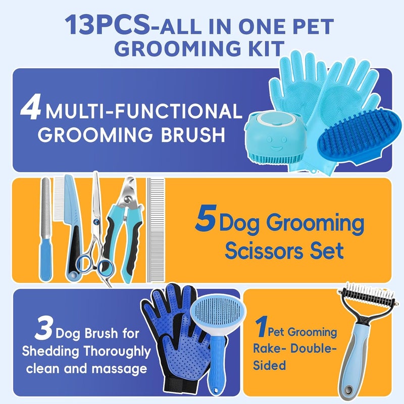 2TRUL Dog Brush for Shedding 13pcs Bath Grooming Kit with Pet Nail Clipper and File - Dog Bath Brush Cat Grooming Supplies, Dematting Comb Bath Brush Shampoo Scrubber for Dogs and Cats - Image 2